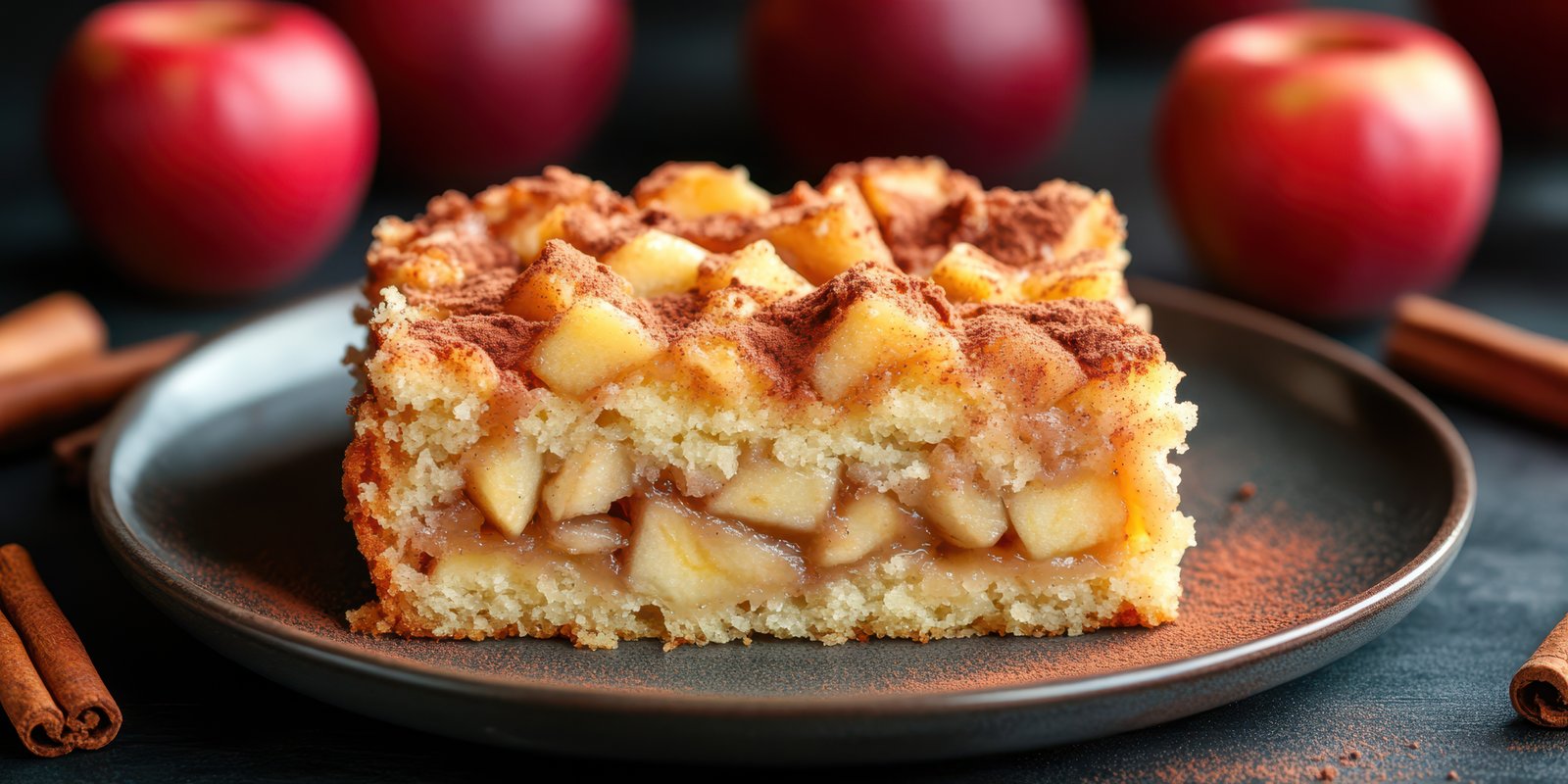 Delicious apple cake with fresh cinnamon and red apples on a dark background